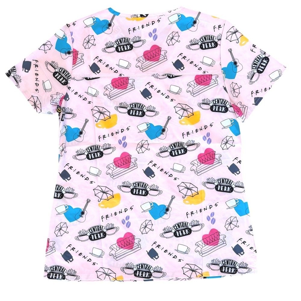 Cherokee Tooniforms Friends Scrub Top Women S Pink Central Perk V-Neck **NEW** - Picture 10 of 11